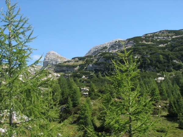 Po dolini navzgor. Levo Vršac, desno čez pobočje Rušja gleda golo Čelo.