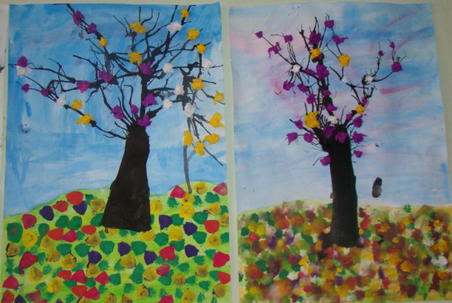 Spomladanska drevesa (vodene barve, tuš - pihamo s slamico, krep papir)