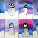 Pingvinčki (oglje, kreda, tempera)