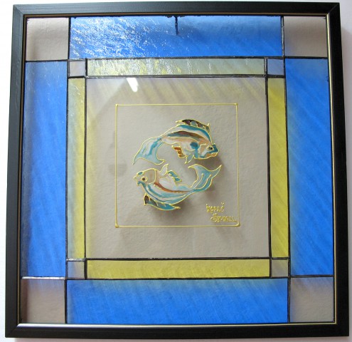Slika,
vitraž s poslikavo stekla,
horoskop-ribi