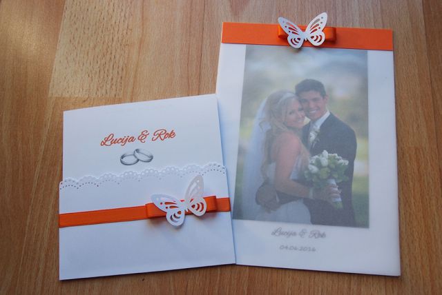 Poročno vabilo in zahvala v oranžni barvi - foto