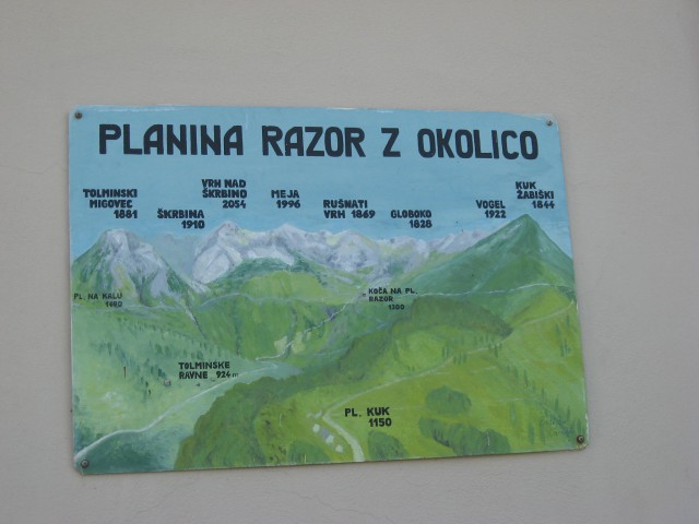 Tabla pri Koči na planini Razor: lepo se vidi najina pot od planine Kuk do planine Kal. Vi