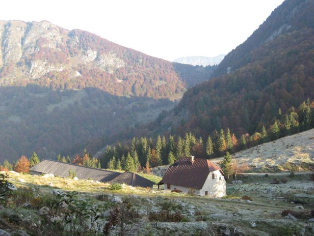 Planina Predolina v jutranjem soncu; levo zadaj Javoršček, desno prelaz čez Utro