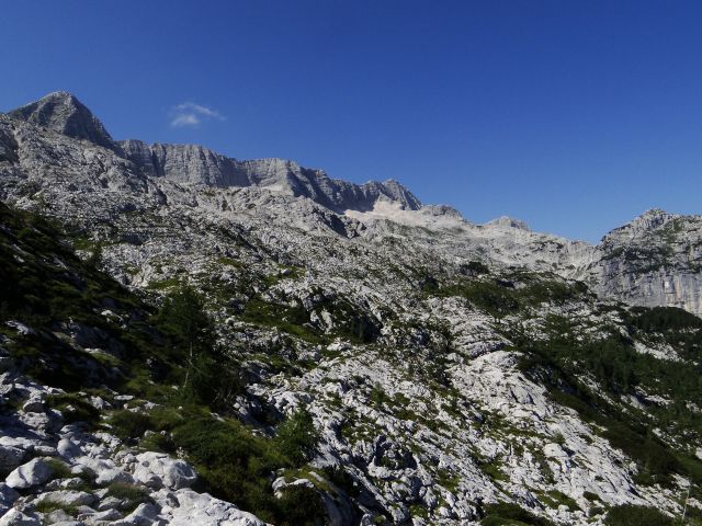 Pogled nazaj: desno bela peč, zgoraj kaninsko pogorje