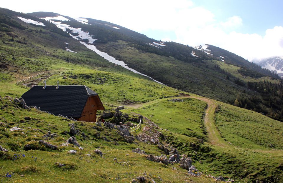 planšarska koča na belski planini s pogledom proti struški