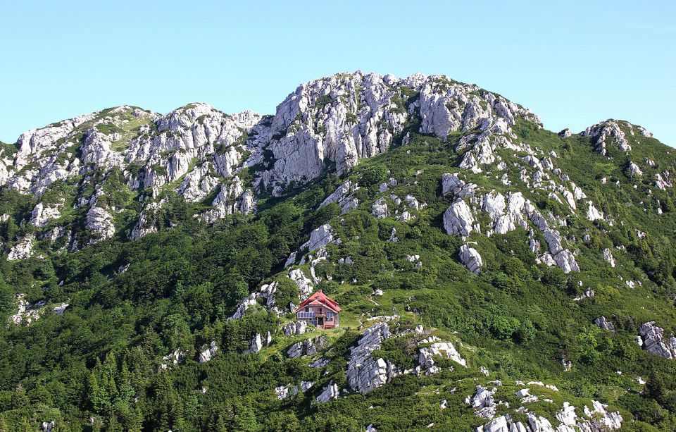 skalni masiv velikega risnjaka, pod njim planinski dom risnjak (schlosserov dom)