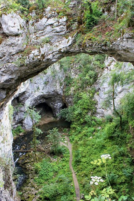 Pogled izpod malega naravnega mosta navzdol v zelške jame